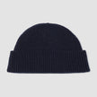 Wool Beanie Navy in navy blue merino wool with a ribbed knit, cuffed brim, and Scandinavian design.