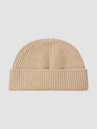 A Beanie Khaki merino wool rib knit beanie with a folded cuff.