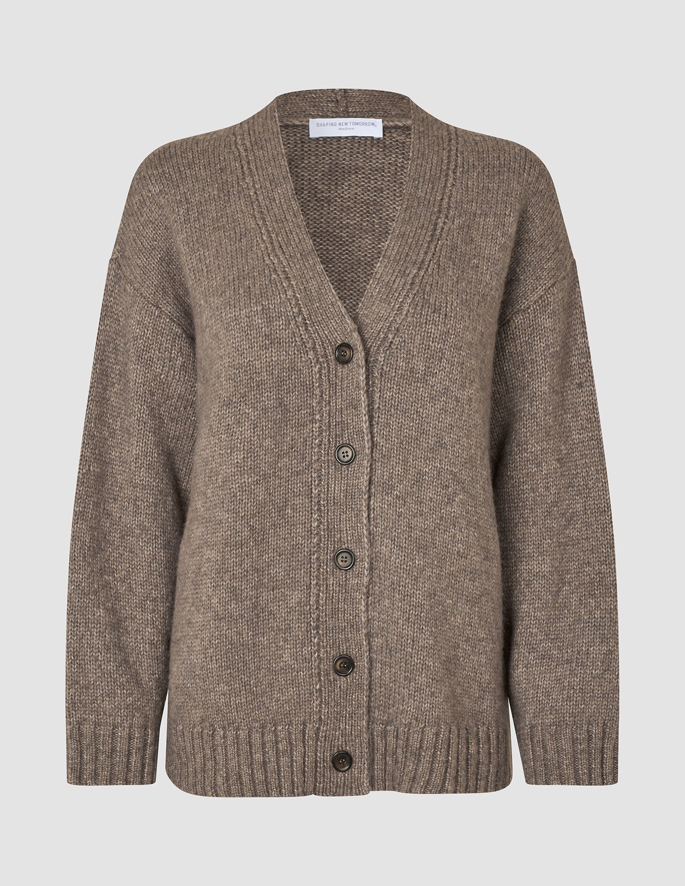 Women’s Chunky Soft Wool Knit Cardigan Taupe Melange, a V-neck button-front cardigan in a cozy, chunky knit.