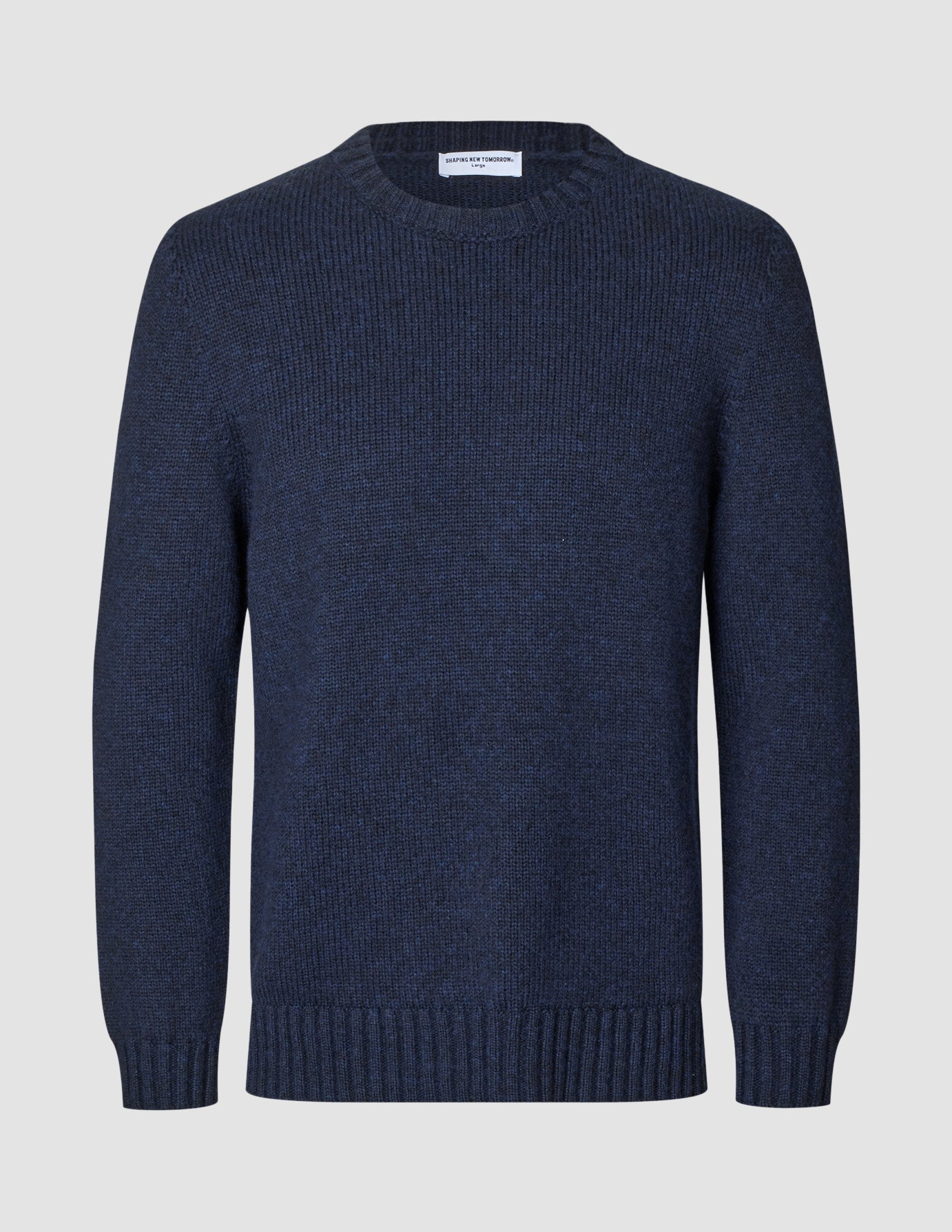 Chunky Soft Wool Knit Crewneck Dark Navy Melange sweater in a dark navy blue chunky knit Scandinavian design with a ribbed crewneck, cuffs, and hem.