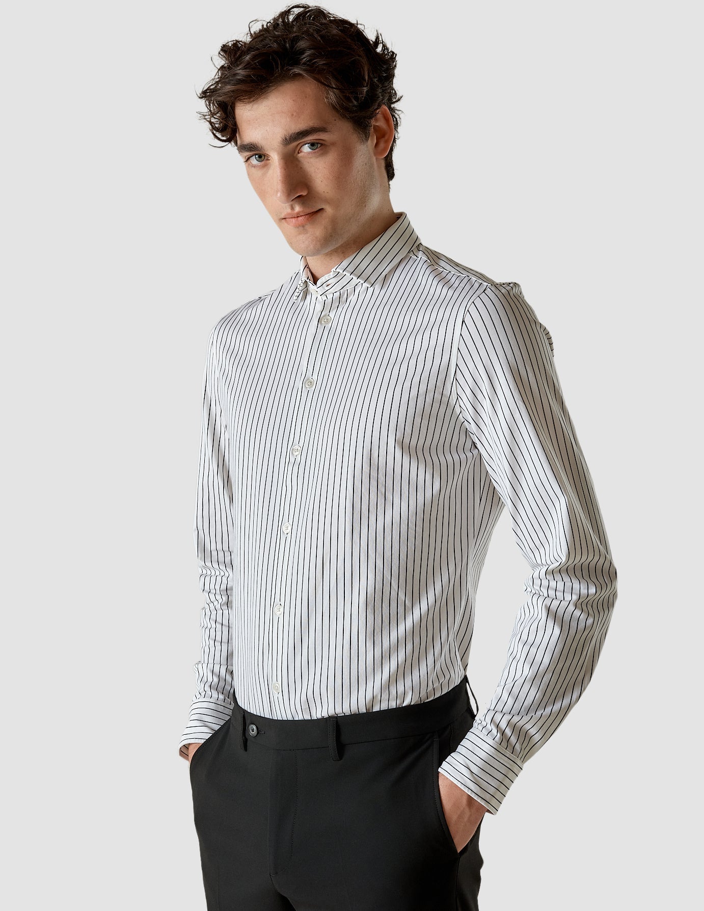 Model from the front wearing a Classic Shirt Black Stripes