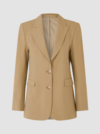 An Essential Blazer Caramel, single-breasted with notched lapels and two front buttons.