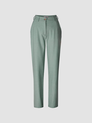 Essential Pants Straight Calm Green Melange high-waisted tailored straight leg trousers with a button closure and belt loops.