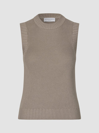 A Women’s Fine Knit Rib Vest Dark Sand featuring a sleeveless design, ribbed texture, and a crew neckline.