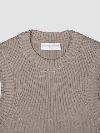A Women’s Fine Knit Rib Vest Dark Sand with a Shaping New Tomorrow brand label at the neckline.