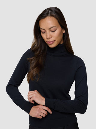 A woman wearing a Fine Knit Turtleneck Black.