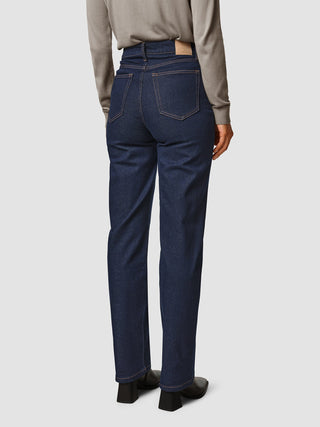 A person from behind wearing Jeans Straight Fit Dark Blue with a long-sleeved top.