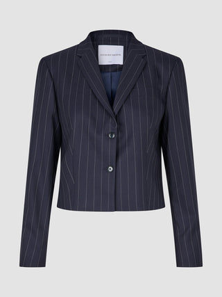 Women Raina Short Blazer Night Sky Pinstripe by Shaping New Tomorrow featuring a two-button closure and classic Scandinavian design.