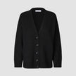 Women Chunky Soft Wool Knit Cardigan Black in a chunky knit V-neck style with front buttons and ribbed cuffs and hem.