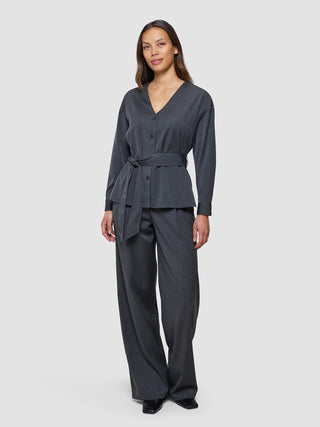 Skye Set Charcoal Melange Belted Overshirt & Wide Pants