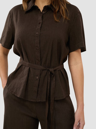 Women's Linen Shirt Short Sleeved Espresso