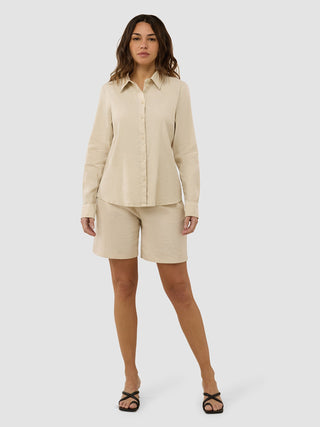 Linen Set Sandy Beige Long Sleeved Shirt & Relaxed Shorts