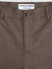 Close-up of the button fly and waistband on Atelier Pants Relaxed Dark Beige in heavyweight broken twill, featuring an internal brand label and minimalist Scandinavian design.