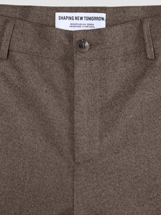 Close-up of the button fly and waistband on Atelier Pants Relaxed Dark Beige in heavyweight broken twill, featuring an internal brand label and minimalist Scandinavian design.