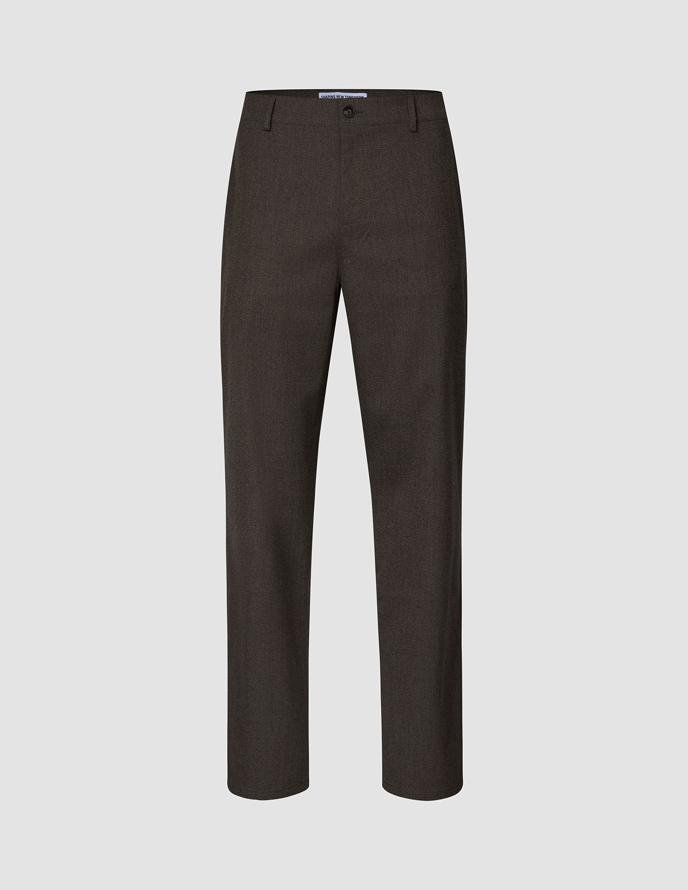 Atelier Pants Relaxed Dark Brown in heavyweight broken twill, featuring a button closure, a straight-leg silhouette, and Scandinavian design sensibilities.