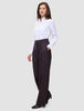 A woman wears a white button-down shirt tucked into high-waisted, wide-fit Women’s Avira Pants Wide Burgundy Berry.