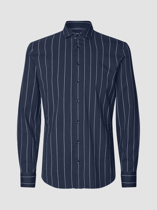 A Classic Shirt Midnight Pinstripes Regular featuring a wrinkle-free, long-sleeved navy blue design with vertical white pinstripes and a button-down front.