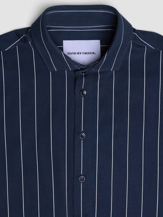Classic Shirt Midnight Pinstripes Regular in navy blue with white vertical pinstripes and the Shaping New Tomorrow logo on the inner collar label.