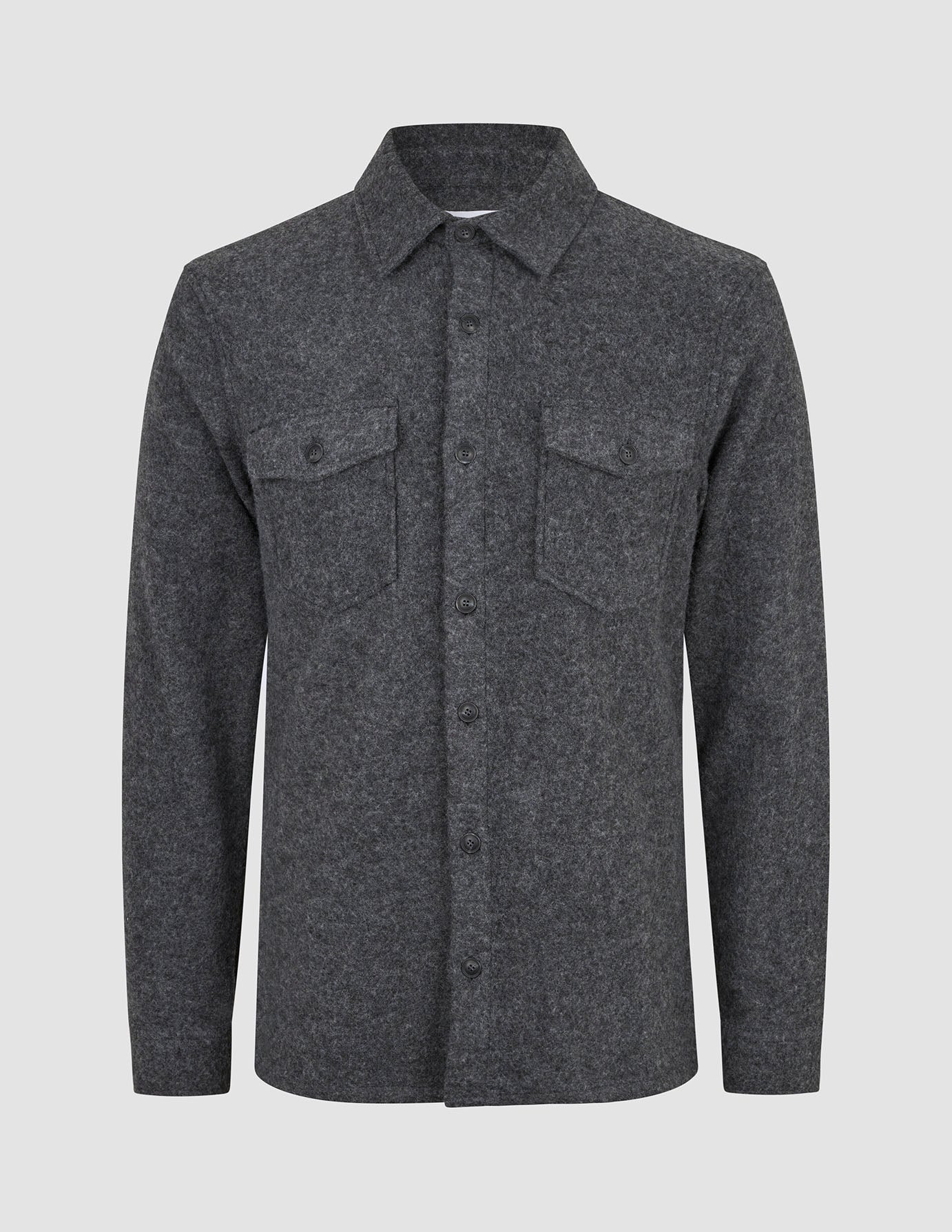 Double Layer Wool Overshirt Regular Dark Grey, a long-sleeved button-down shirt featuring a collar, two chest pockets, and a wool blend construction.