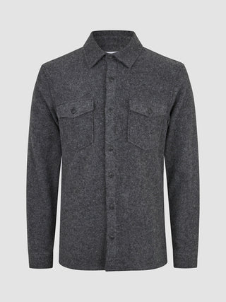 Double Layer Wool Overshirt Regular Dark Grey, a long-sleeved button-down shirt featuring a collar, two chest pockets, and a wool blend construction.