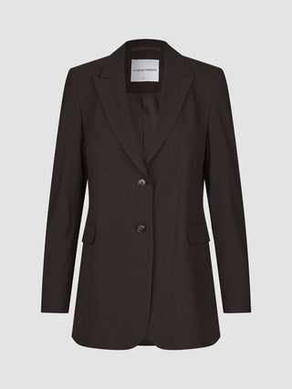 A dark brown, lightweight Women Ease Blazer Mocha Melange with a two-button closure.