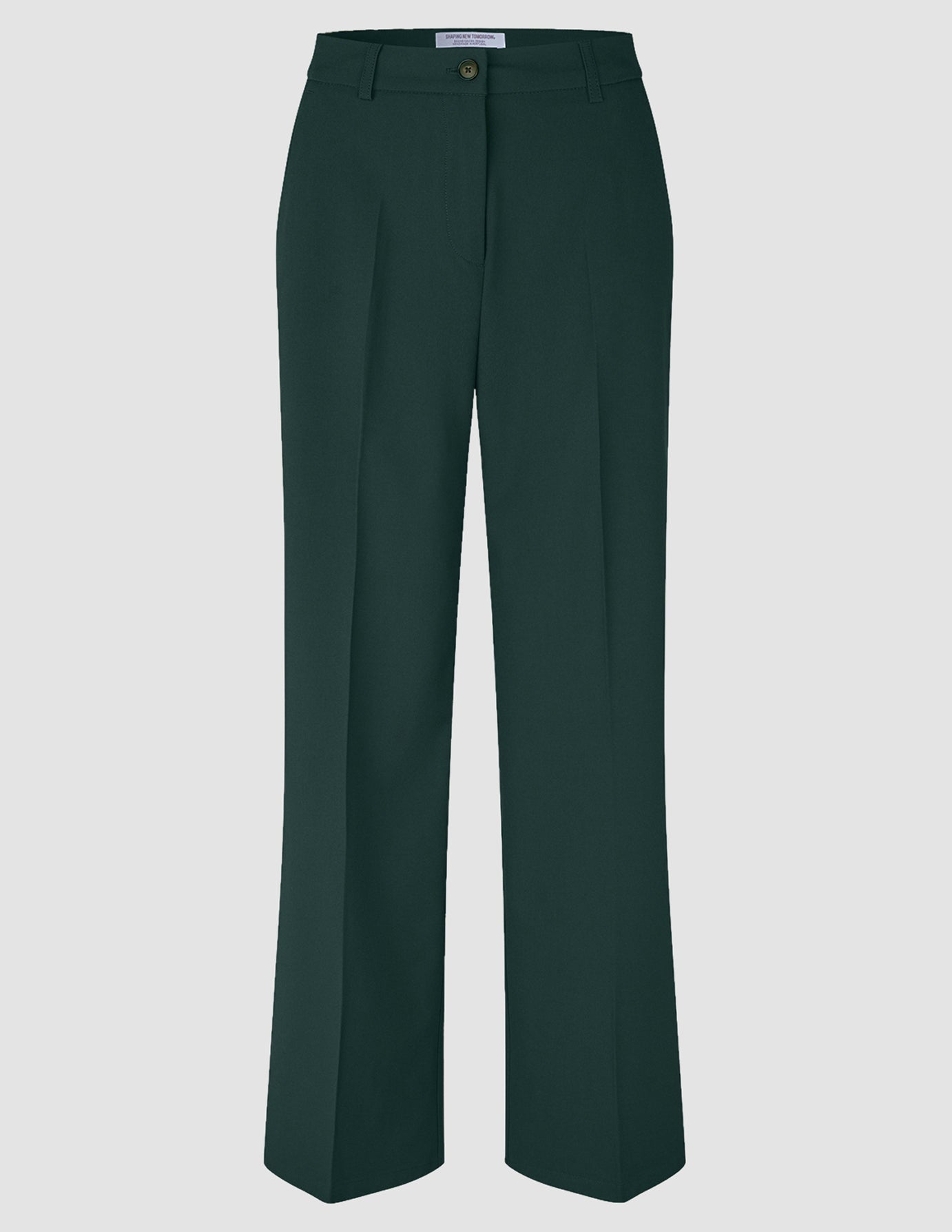 Ease Suit Straight Evergreen wide-leg trousers featuring a clean Scandinavian design, complete with a button fly and a crisp front crease.