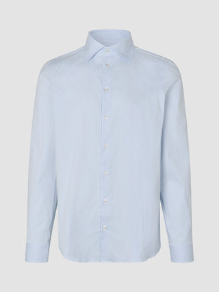 Elevated Shirt Regular Classic Blue Striped featuring an elegant long-sleeved button-down design with a light blue and white vertical stripe pattern, a standard collar, and refined Scandinavian styling.