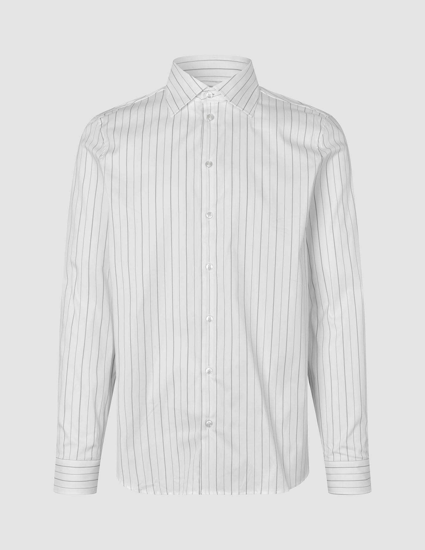 Elevated Shirt Regular Light Grey Striped long-sleeved button-down shirt in Pima cotton with a light grey vertical stripe pattern and a pointed collar.