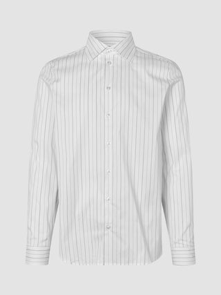 Elevated Shirt Regular Light Grey Striped long-sleeved button-down shirt in Pima cotton with a light grey vertical stripe pattern and a pointed collar.