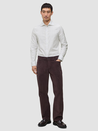 A man wearing an Elevated Shirt Regular Light Grey Striped button-up shirt, dark brown trousers, and black loafers.
