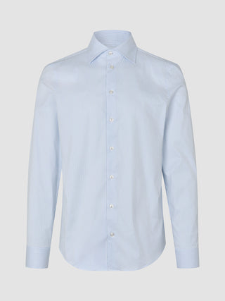 Elevated Shirt Slim Classic Blue Striped: a slim-fit, long-sleeved button-down shirt in pima cotton with a light blue and white vertical stripe pattern and a spread collar.