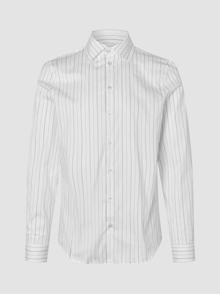 Elevated Shirt Slim Light Grey Striped, a slim fit, long-sleeved button-down shirt in white with thin grey vertical stripes, crafted from Pima cotton.