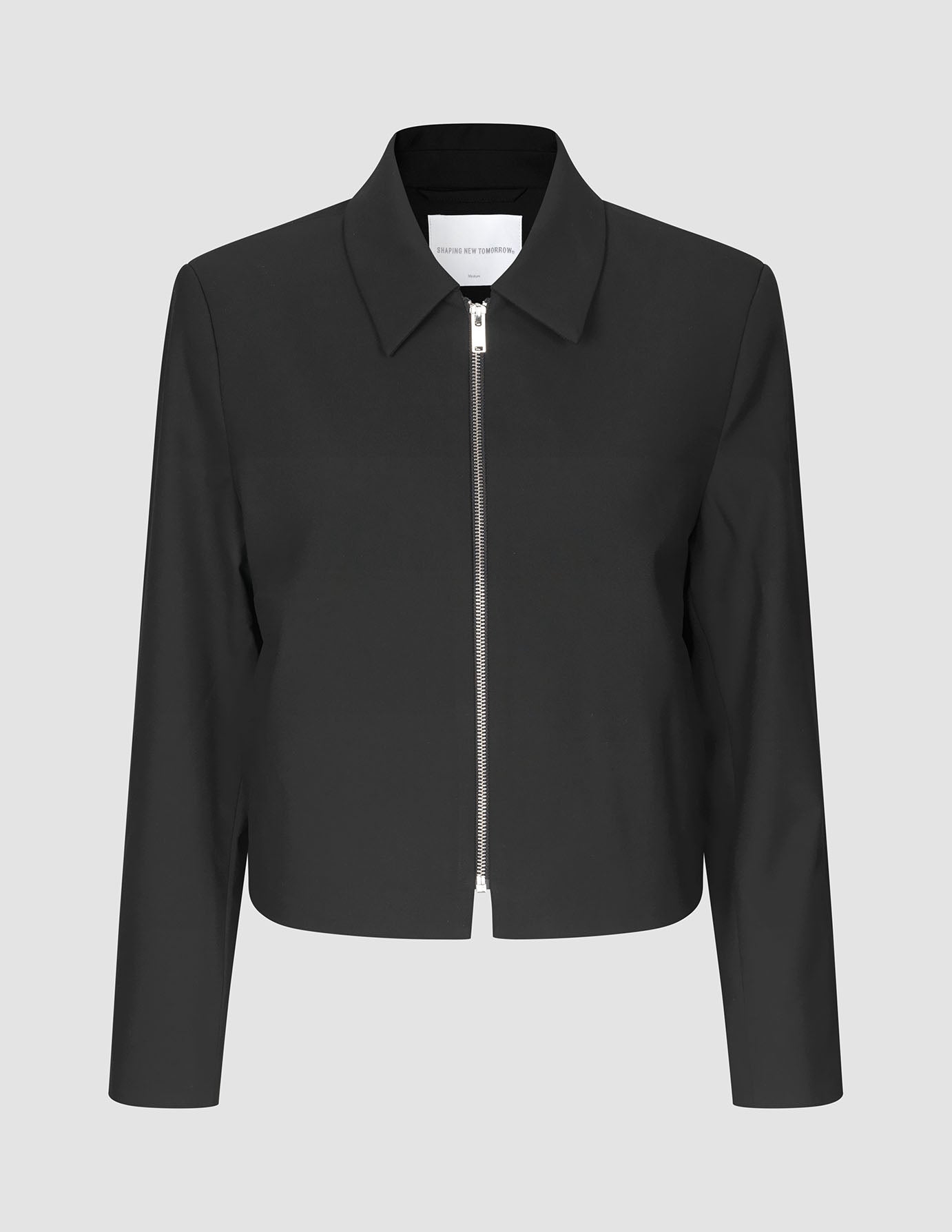 Essential Short Zip Jacket Black in minimalist black with a pointed collar.