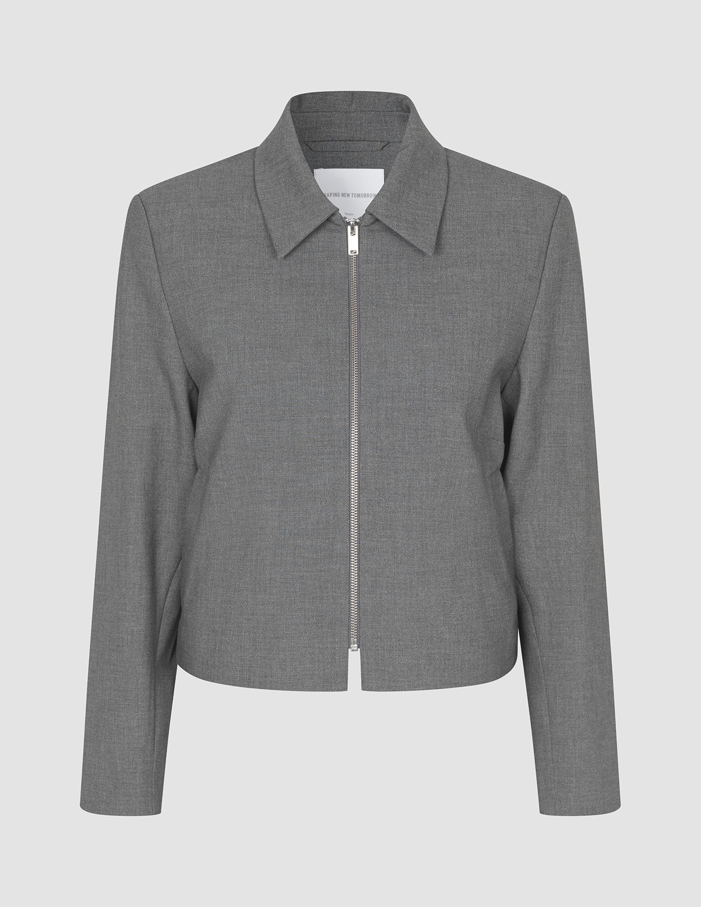 Essential Short Zip Jacket Dark Grey Melange: a cropped zip-up jacket in a minimalist blazer style with a collared neckline.