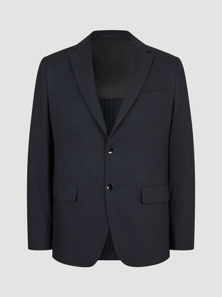 Motion Blazer Regular Midnight Blue tailored two-button blazer in breathable fabric with notched lapels and flap pockets.