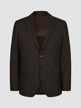 Motion Blazer Slim Cognac tailored dark brown two-button blazer with a notch lapel, flap pockets, and 360° stretch.