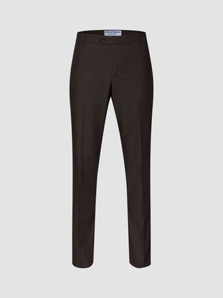 Motion Suit Pants Regular Cognac in dark brown, featuring a lightweight, breathable fabric, front creases, and a button closure.