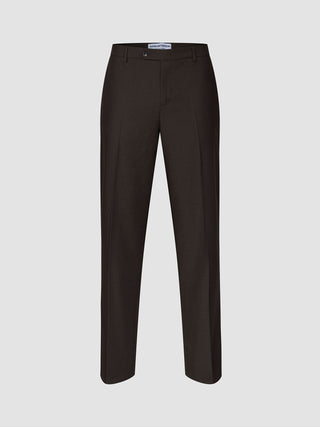 Motion Suit Pants Relaxed Cognac in dark brown with a relaxed fit, button closure, and front creases.