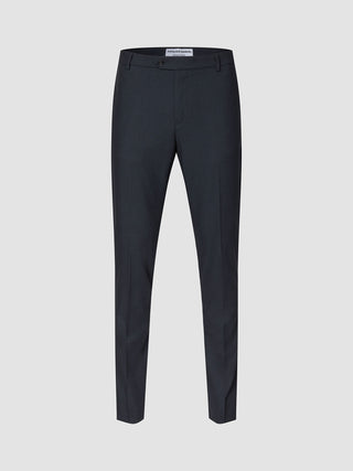 Motion Suit Pants Slim Midnight Blue slim-fit pants in dark blue with a center crease and breathable fabric.
