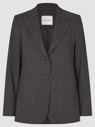 A charcoal grey Women Nara Blazer Cool Brown from Shaping New Tomorrow, featuring a classic two-button design with 360° stretch.
