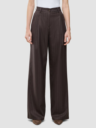 A person wearing Women Raina Pants Wide Chestnut Pinstripe.