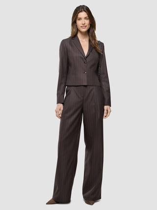A woman wearing a dark brown pinstriped blazer and matching Women Raina Pants Wide Chestnut Pinstripe.
