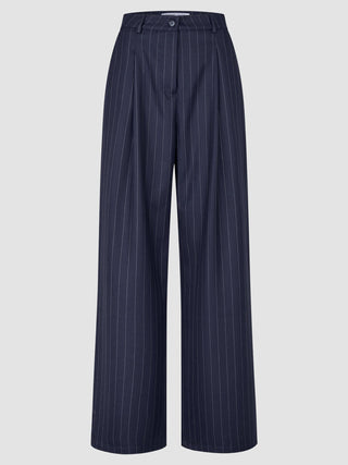 Women Raina Pants Wide Night Sky Pinstripe with a high-waisted, wide-leg design and front pleats.