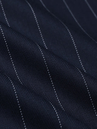 Women Raina Pants Wide Night Sky Pinstripe in dark blue, wide-leg fabric with a white pinstripe pattern and Scandinavian design.