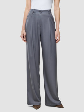 A person wearing Women Raina Pants Wide Mid Grey Pinstripe.