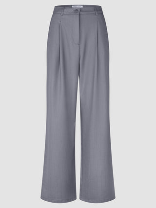 Women Raina Pants Wide Mid Grey Pinstripe trousers with a high-waisted, wide-leg fit, pleats, and a Scandinavian design.