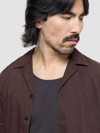 Refined Linen Bowling Short Sleeve Shirt Dark Brown