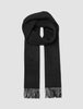 Scarf Black, a black wool scarf with fringed ends, shown looped.
