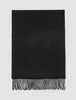 Scarf Black, a black wool scarf with fringe at the bottom edge.