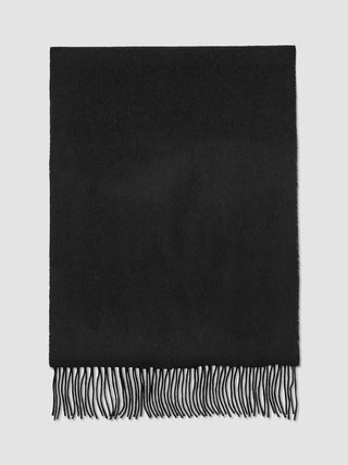 Scarf Black, a black wool scarf with fringe at the bottom edge.